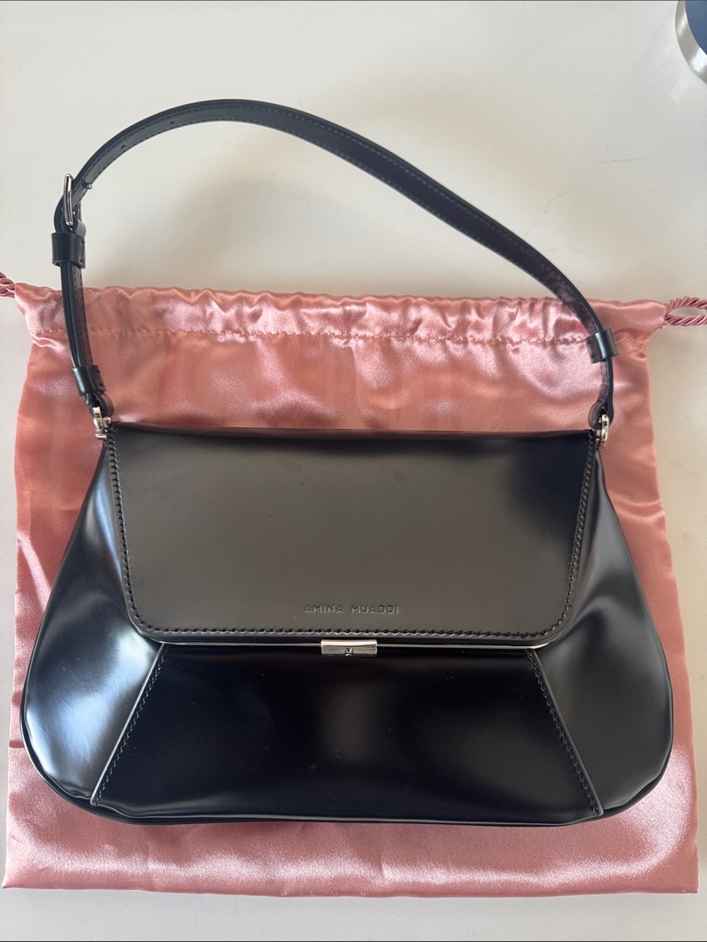 BRAND NEW NEVER WORN Amina Muaddi Ami Shoulder Bag Black Spazzolato